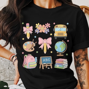 Preppy Back to School Coquette PNG for Girls, Cute Flowers First Day of School PNG, Pink Bow Teacher Pencil, Kindergarten Student School Bus