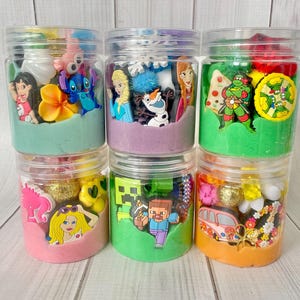 Character Play dough jars, homemade playdoh, playdough party favor goodie bag boy girl birthday present sensory slime activity kids play kit
