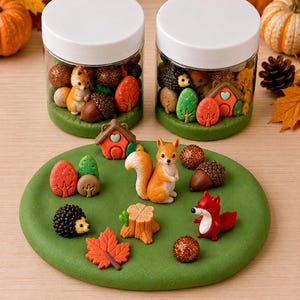 May include: Two clear plastic jars with white lids filled with miniature woodland figurines, including squirrels, hedgehogs, acorns, trees, and houses, alongside a green circular base displaying a matching set of these small figures.
