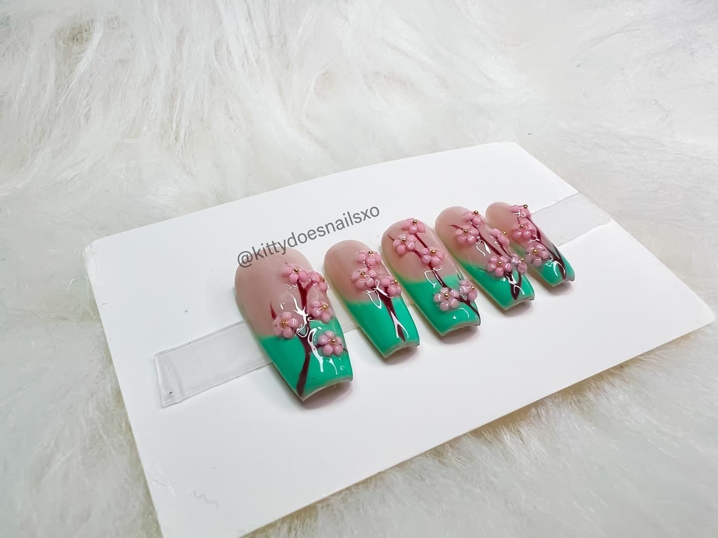 Green Frenchie Cherry Blossom Nails, 3D Nails, Flower Nails