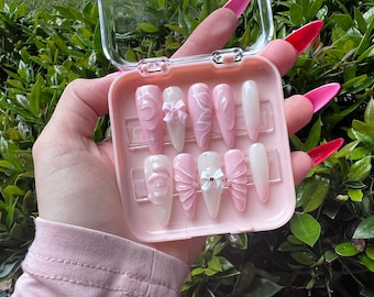 Fairy Press on Nails, Pink and White Nails, 3D Nails, Kawaii Nails, Cute Nails, Long Almond