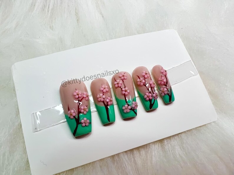 Green Frenchie Cherry Blossom Nails, 3D Nails, Flower Nails