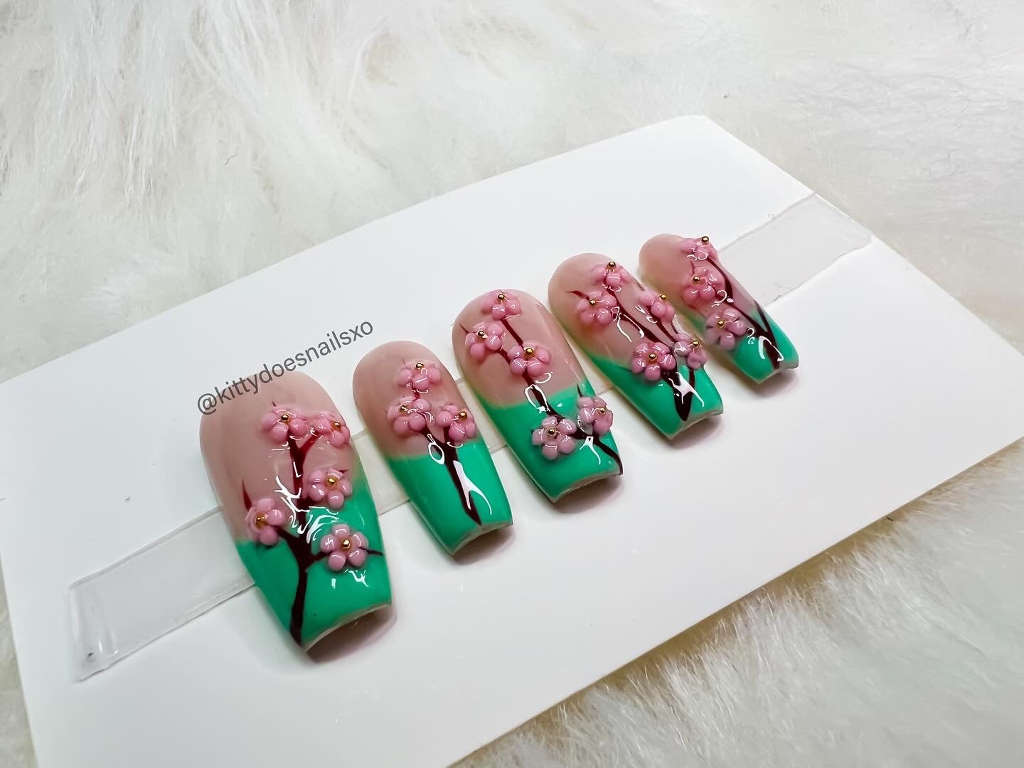 Green Frenchie Cherry Blossom Nails, 3D Nails, Flower Nails, Handpainted - Etsy