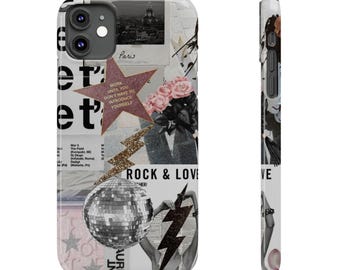 Może przedstawiać: Etui na telefon z wzorem kolażu przedstawiającym kulę dyskotekową, błyskawicę, różową różę i tekst "Rock & Love".