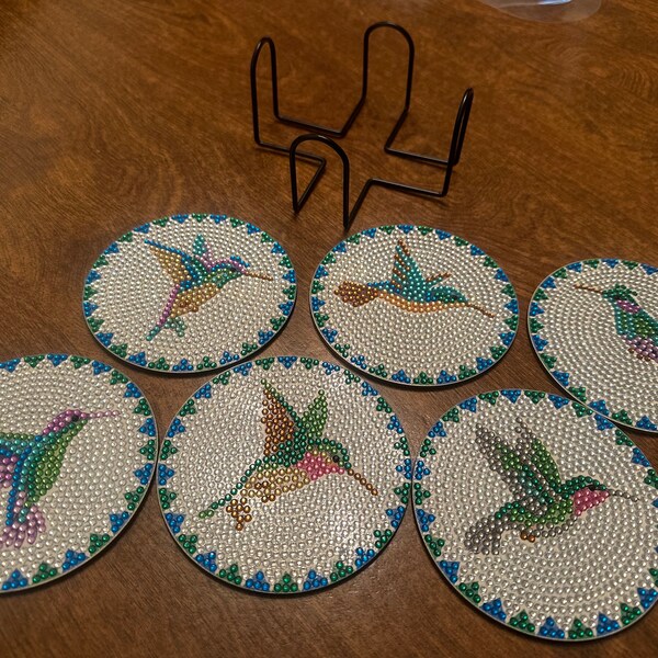 Diamond painting hummingbird coaster set of 6 with holder