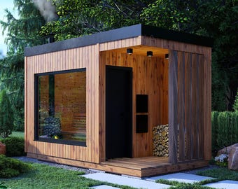 Planos de sauna / Diseño moderno de sauna finlandesa con lista de materiales y modelo 3D detallado (descarga digital, opción de imagen reflejada incluida)