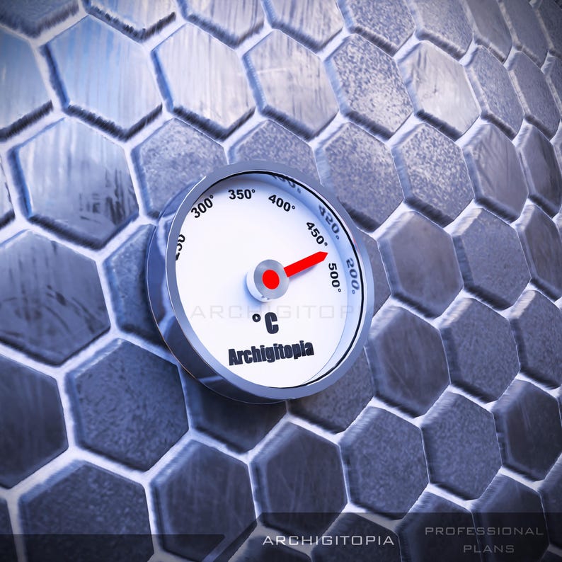 Pu&ograve; includere: Un termometro analogico circolare con quadrante bianco, marcature numeriche nere da 250 a 500 e una lancetta rossa che punta vicino a 450. Il testo Archigitopia e il simbolo C sono stampati sul quadrante, montato su una superficie di piastrelle esagonali.