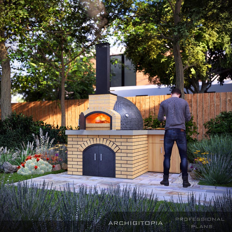 Pu&ograve; includere: Un forno per pizza da esterno in mattoni con un camino in metallo nero e una parte superiore a cupola. La base presenta una struttura in mattoni chiari con una porta ad arco nera e ante in legno. Il testo "ARCHIGITOPIA PROFESSIONAL PLANS" &egrave; in basso.