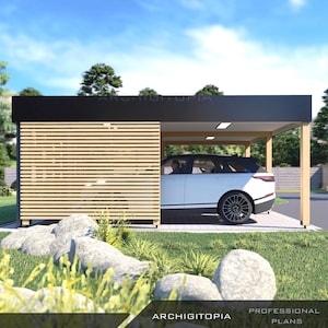 Puede incluir: Un coche blanco está aparcado bajo un carport moderno con techo negro y paredes de listones de madera. El carport está etiquetado como "Archigtopia Planes Profesionales".