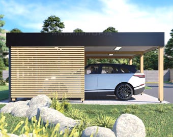 PROGETTI PER TETTOIA AUTO / Garage moderno per 2 auto, tettoia doppia con elenco dei materiali e modello 3D
