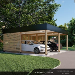 CARPORT PLANS | Modern 2-Car Garage, Double Car Shelter with Material List and 3D Model