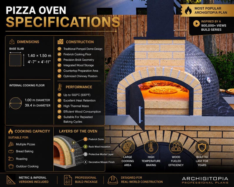 Pu&ograve; includere: Una scheda tecnica per un forno per pizza con design a cupola, piano di cottura in mattoni refrattari e vano legna integrato. Il grafico include dimensioni di 1,40 per 1,50 metri per la base, un diametro di 1,00 metro e dettagli sulle prestazioni.