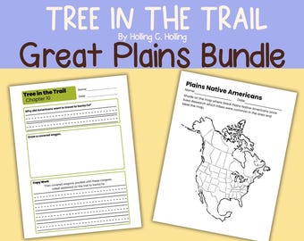 May include: Two worksheets from the "Great Plains Bundle" with the title "Tree in the Trail" and "Plains Native Americans." The first worksheet asks why Americans wanted to travel to Santa Fe and to draw a covered wagon. The second worksheet features a map of North America.