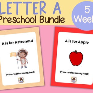 Könnte beinhalten: Ein Vorschul-Lernpaket mit dem Buchstaben "A". Das Bild zeigt zwei Karten: eine mit einer Astronautenillustration und dem Text "A is for Astronaut" und eine weitere mit einem roten Apfel und dem Text "A is for Apple". Der Text "Preschool Learning Pack" ist ebenfalls sichtbar.