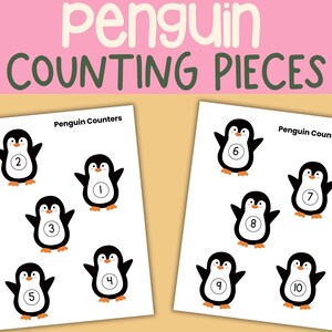 Puede incluir: Dos hojas blancas con ilustraciones de pingüinos en blanco y negro, cada una con un número en su interior. El texto "Penguin Counting Pieces" está en la parte superior. Las hojas están etiquetadas como "Penguin Counters".