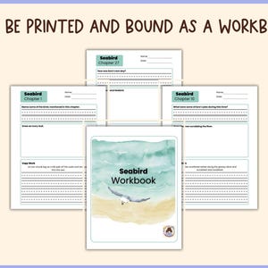 May include: A workbook titled "Seabird Workbook" with a watercolor design of a seagull over a beach scene. Several open pages with chapter titles and lined spaces are visible, with the text "CAN BE PRINTED AND BOUND AS A WORKBOOK!"