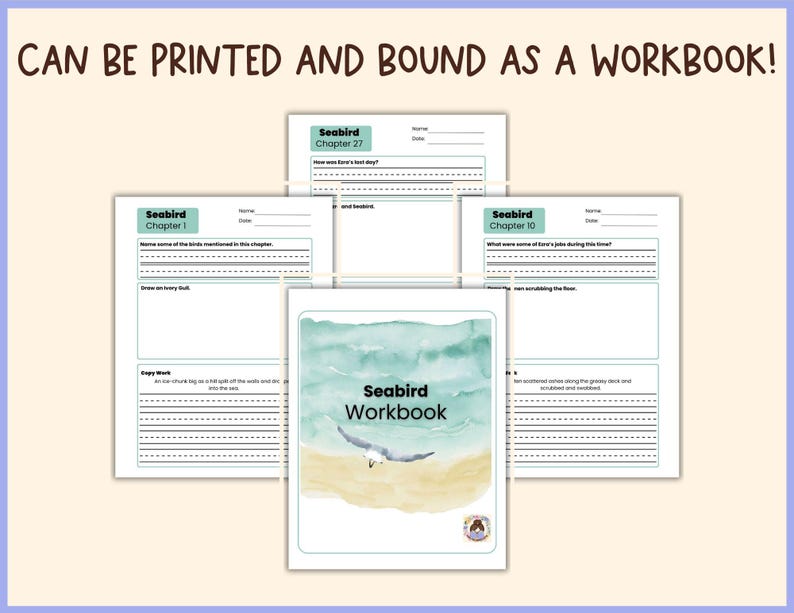 May include: A workbook titled "Seabird Workbook" with a watercolor design of a seagull over a beach scene. Several open pages with chapter titles and lined spaces are visible, with the text "CAN BE PRINTED AND BOUND AS A WORKBOOK!"