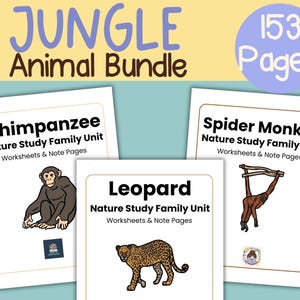 Op de afbeelding: Een bundel educatief materiaal getiteld "Jungle Animal Bundle" met illustraties van een chimpansee, luipaard en slingeraap. De bundel bevat 153 pagina's met werkbladen en notitiepagina's voor natuurstudie.