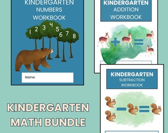 May include: A set of three printable kindergarten math workbooks. The first workbook is for numbers and features a brown bear walking through a forest. The second workbook is for addition and features a watercolor background with deer. The third workbook is for subtraction and features a watercolor background with squirrels. The text on the cover of each workbook says "Kindergarten" and the type of math. The text at the bottom of the image says "Kindergarten Math Bundle".