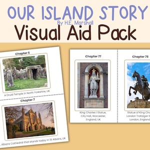 May include: A visual aid pack titled "Our Island Story" by H.E. Marshall. The pack includes images of historical sites in the UK, such as a Druid temple, St. Albans Cathedral, and statues of King Charles I. The text includes chapter numbers and location details.