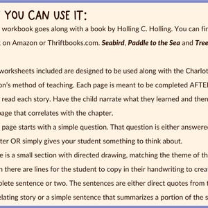 May include: A light purple background with black text that reads "HOW YOU CAN USE IT:" followed by bullet points describing how to use a workbook. The text mentions books like "Seabird, Paddle to the Sea and Tree in the Trail."
