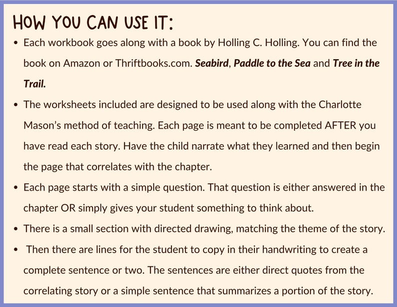May include: A light purple background with black text that reads "HOW YOU CAN USE IT:" followed by bullet points describing how to use a workbook. The text mentions books like "Seabird, Paddle to the Sea and Tree in the Trail."