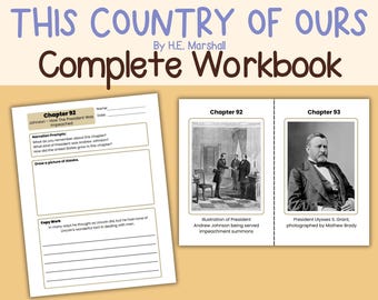 May include: A workbook titled "This Country of Ours" by H.E. Marshall. The cover features the title in blue and brown text. Inside, there are pages with text and illustrations about historical figures and events, including President Andrew Johnson and Ulysses S. Grant.