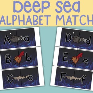 May include: Educational deep sea alphabet matching game. The game features illustrations of sea creatures paired with uppercase and lowercase letters. The title "Deep Sea Alphabet Match" is displayed in purple letters against a yellow background.