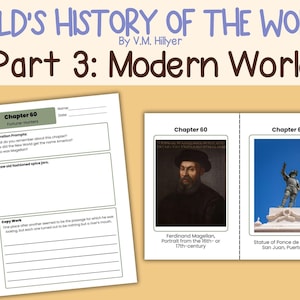 May include: A workbook page from "Child's History of the World" by V.M. Hillyer. The page includes text and images about Ferdinand Magellan and the Statue of Ponce de León. The title is "Part 3: Modern World".