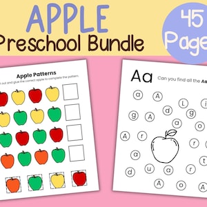 May include: A preschool learning bundle with the title "APPLE Preschool Bundle" and the number "45 Pages". The image shows two worksheets. One worksheet has apple patterns, and the other has the letter "Aa" with the text "Can you find all the Aas?"