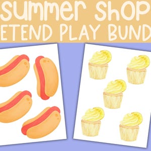 Könnte beinhalten: Zwei weiße Blätter mit Aquarellillustrationen. Ein Blatt zeigt vier Hotdogs mit roter Füllung, das andere Blatt zeigt fünf Cupcakes mit gelbem Zuckerguss und Zitronenscheiben. Der Text "SUMMER SHOP PRETEND PLAY BUNDLE" steht oben.