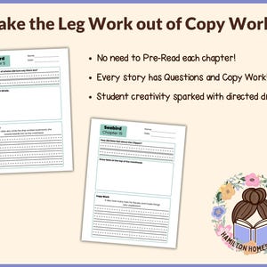 May include: A light purple educational graphic with the text "Take the Leg Work out of Copy Work!" Two worksheets are shown, labeled "Seabird Chapter 5" and "Seabird Chapter 15". Bullet points highlight features. A logo for Hamilton Homeschool is in the lower right.