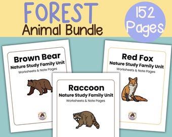 Puede incluir: Un conjunto de materiales educativos titulado "FOREST Animal Bundle" con 152 páginas. El conjunto incluye hojas de trabajo y páginas de notas para estudiar animales del bosque: Oso pardo, Zorro rojo y Mapache. Cada animal tiene su propia unidad.