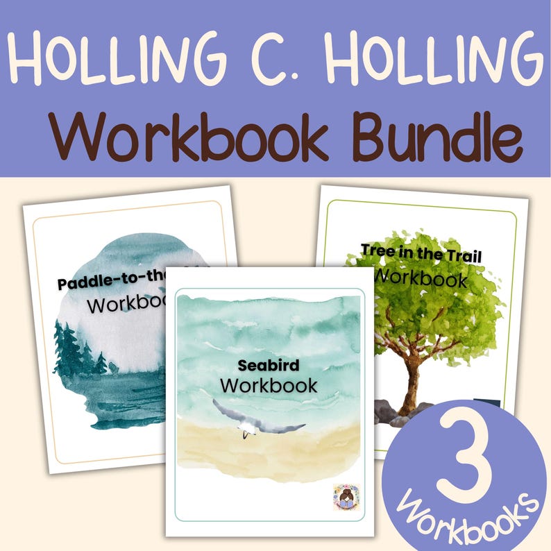 May include: A bundle of three workbooks by Holling C. Holling. The workbooks include "Paddle-to-the-Sea," "Seabird," and "Tree in the Trail." The "Seabird" workbook features a watercolor illustration of a seagull over a beach. The bundle is on a white background.