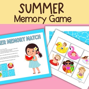 May include: A colorful summer-themed memory game with the text "SUMMER Memory Game." The game includes illustrated cards with summer-related images like a duck floatie, a flamingo floatie, and children in swimsuits. The game is designed for children.