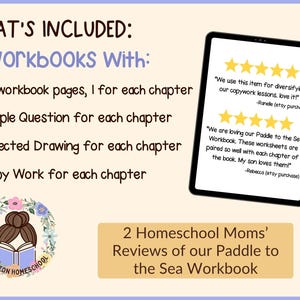 May include: An image promoting a homeschool workbook set. The text reads "What's Included: 3 Workbooks With: 27 workbook pages, simple questions, directed drawing, and copy work." A tablet displays positive reviews. A logo and text "2 Homeschool Moms' Reviews" are also included.