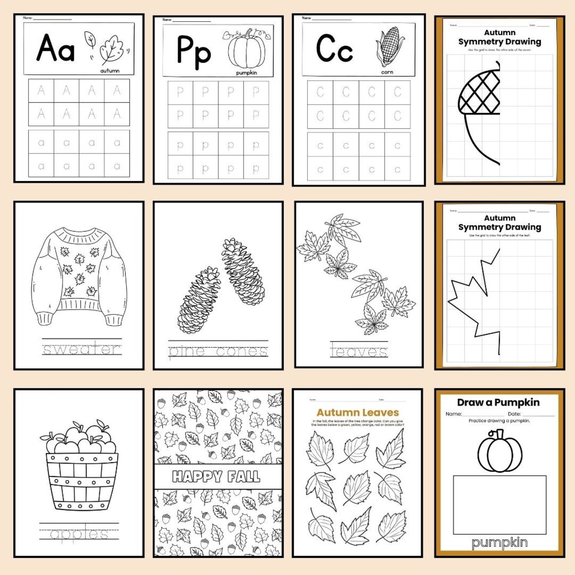 Autumn Preschool Activity Sheets Bundle Fall Time Worksheets Pre-k ...