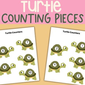 Könnte beinhalten: Zwei weiße Blätter mit grünen Schildkröten-Illustrationen, nummeriert von 1-10. Der Text "Turtle Counting Pieces" steht oben. Die Schildkröten haben grüne Panzer und gelbe Bäuche, konzipiert für pädagogische Zählaktivitäten.