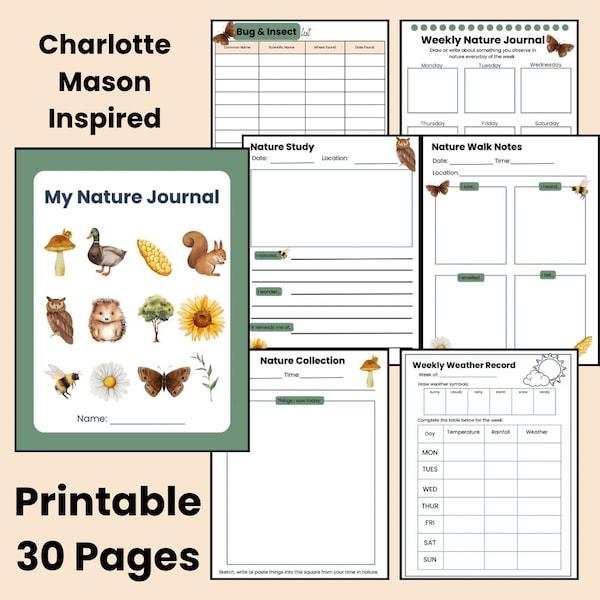 Printable Nature Journal for Kids Charlotte Mason Inspired Homeschool Nature Study 4 Seasons Nature Walk Checklist