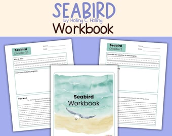 May include: A workbook titled "Seabird" by Holling C. Holling. The cover features a watercolor illustration of a seagull over a beach scene. Two open workbook pages are visible, with chapter titles and lined spaces for writing.