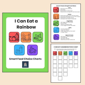 Afdrukbare voedingskaart voor kinderen Checklijst Voedingstracker voor kinderen Dagelijkse voedselinname Grafiek Evenwichtige voedselbron Ik kan een regenbooggrafiek eten