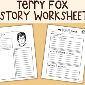 Könnte beinhalten: Zwei weiße Arbeitsblätter mit dem Text "Terry Fox HISTORY WORKSHEETS" in Braun. Ein Arbeitsblatt zeigt ein Porträt von Terry Fox und Aufforderungen für Notizen. Das andere ist ein KWL-Diagramm zum Lernen über Terry Fox.