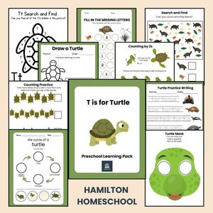 Turtle Preschool Activity Sheets Bundle Letter T Kindergarten Reptile Turtle Life Cycle Worksheet Numbers Alphabet Practice Activities
