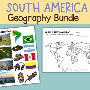 Könnte beinhalten: Ein Geografie-Bundle mit dem Text "SOUTH AMERICA Geography Bundle". Das Bundle enthält ein Arbeitsblatt mit einer Weltkarte und eine Seite mit Bildern von Südamerika, einschließlich Flaggen, Sehenswürdigkeiten und Tieren.
