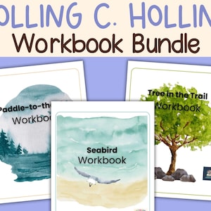 May include: A bundle of workbooks with watercolor illustrations. The top text reads "HOLLING C. HOLLING Workbook Bundle." The workbooks include "Paddle-to-the-Workbook," "Seabird Workbook," and "Tree in the Trail Workbook."