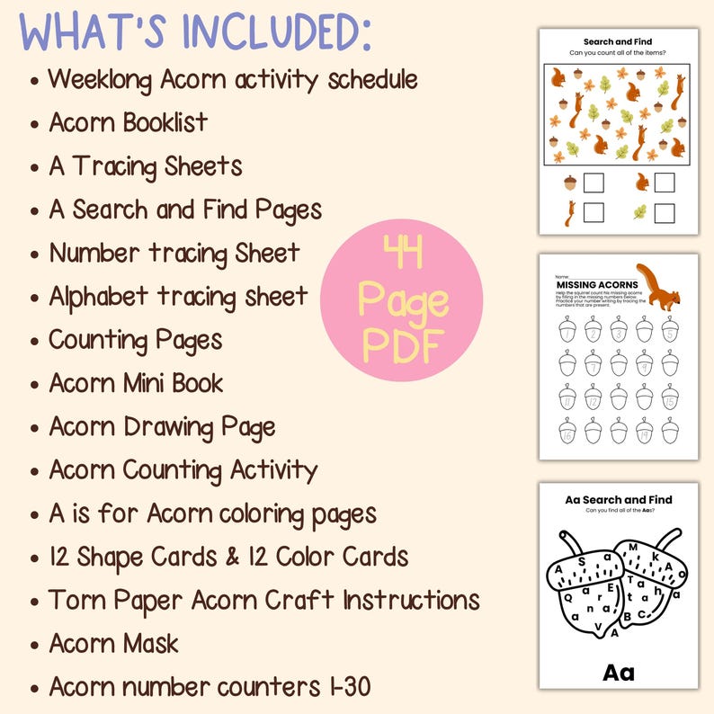 Acorn Questionnaire.pdf Acorn Preschool Activity Pack: Letter A, Crafts, Counting (PDF Download ...