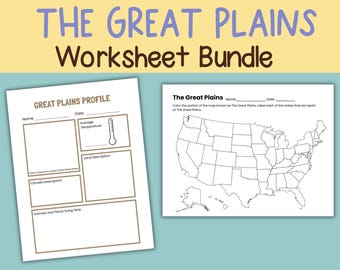 Può includere: Un pacchetto di fogli di lavoro intitolato "THE GREAT PLAINS Worksheet Bundle" con due pagine bianche. Una pagina è un profilo con sezioni da compilare per nome, data, temperatura, descrizione del terreno, descrizione del clima e animali. L'altra è una mappa degli Stati Uniti.