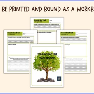 May include: A workbook titled "Tree in the Trail" with a green tree illustration and the text "Can be printed and bound as a workbook!" Several open pages with questions and lines for writing are visible.