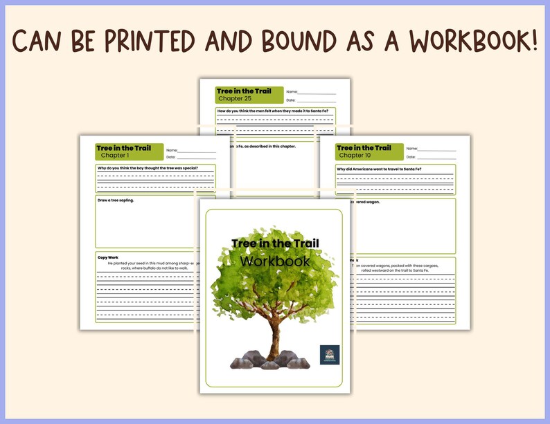 May include: A workbook titled "Tree in the Trail" with a green tree illustration and the text "Can be printed and bound as a workbook!" Several open pages with questions and lines for writing are visible.
