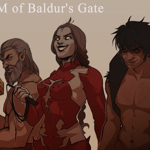 Puede incluir: Una ilustración digital de tres personajes del juego de rol Dungeons and Dragons Baldur's Gate. Los personajes son un humano masculino con barba y un martillo, una elfa femenina con cabello largo rojo y un atuendo rojo y blanco, y un humano masculino con cabello negro corto y pecho descubierto. El título "BDSM of Baldur's Gate" está escrito en la parte superior de la imagen.